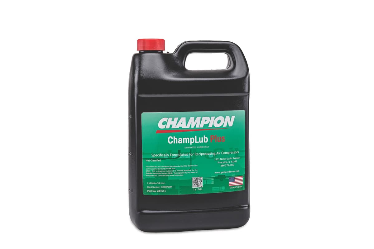 Champion ChampLub ISO 100 synthetic oil (case of 4 gallons) for reciprocating compressors, optimized for efficient operation and protection