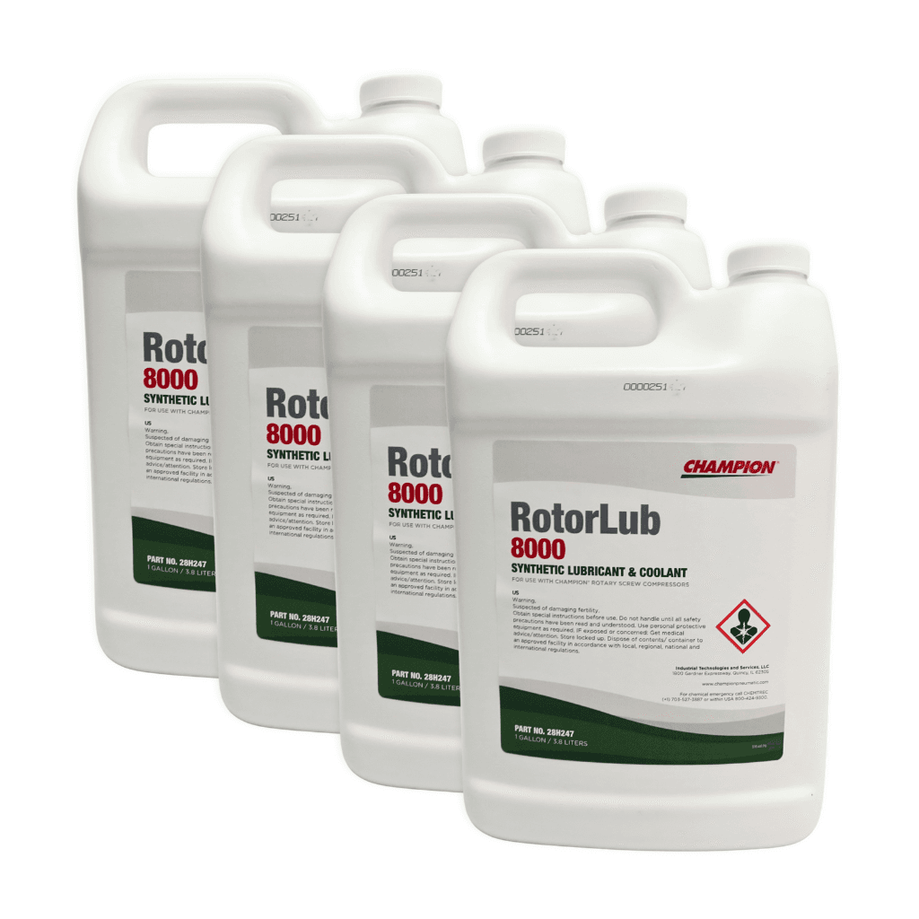 Synthetic rotary screw air compressor lubricant for Champion, formulated for thermal stability and extended operating intervals, ideal for demanding compressor applications