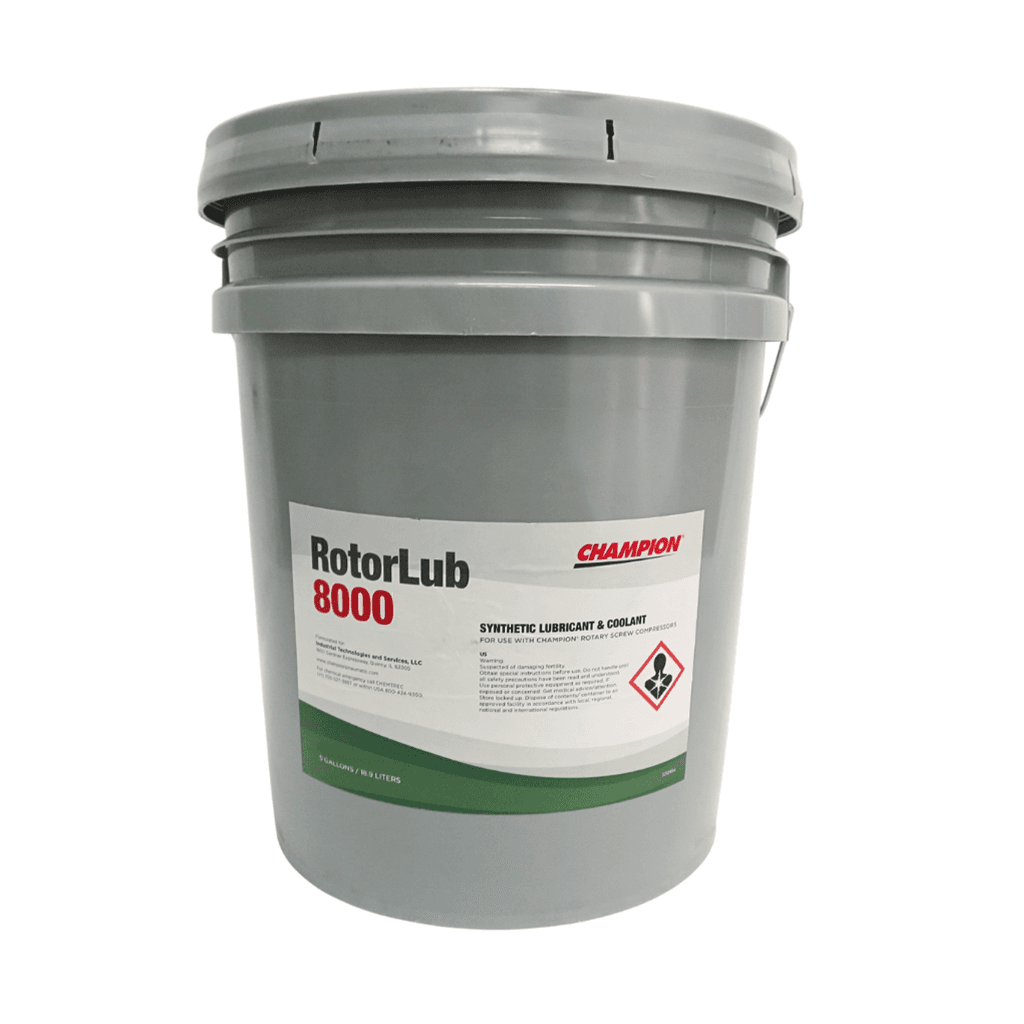 Synthetic rotary screw air compressor lubricant for Champion compressors, offering extended service intervals and stable viscosity