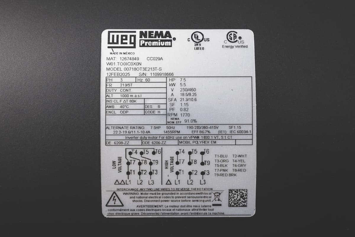 10HP 208 Volt Three Phase OPD Motor - 1800 RPM thumbnail 2