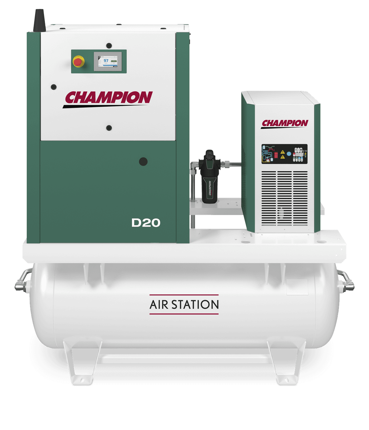 Champion D Series fixed speed rotary screw air compressor (20 HP), plug-and-play solution with dry tank receiver and refrigerated dryer